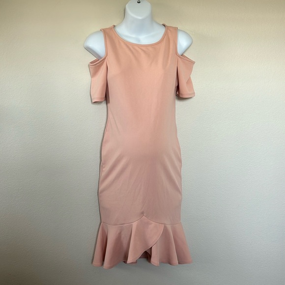 Pinkblush Peachy Pink Cold Shoulder Ruffle Tulip Hem Maternity Mini Dress - Picture 2 of 8